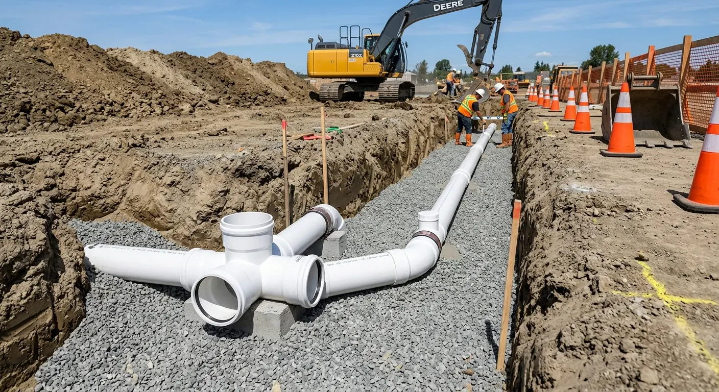 New PVC sewer pipe installation in open trench for Grease Trap Cleaning in Waggaman