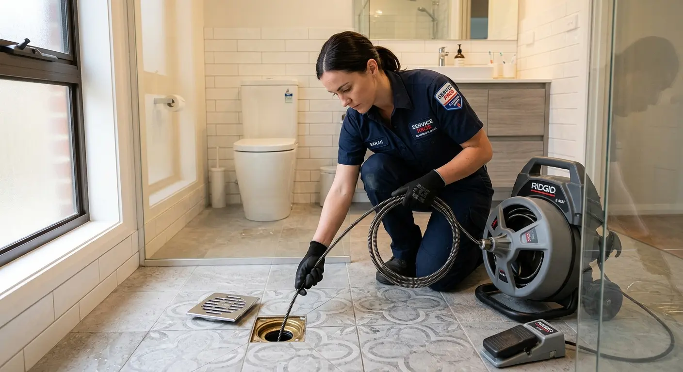 Technician clearing a bathroom floor drain for Hydro Jetting in Waggaman
